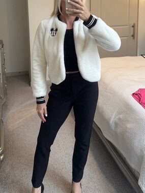 Disney Mickey White Plush Bomber Jacket with Black Trim Size Small